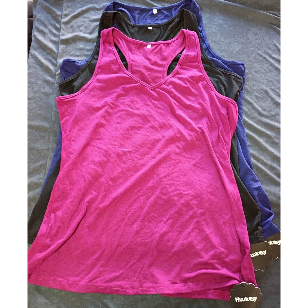 Huukeay 3 Women’s Racerback V-Neck Lightweight Tank Tops Size L Pink Black Blue